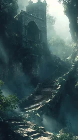 Ancient mistbound stairway curls toward a forgotten gate