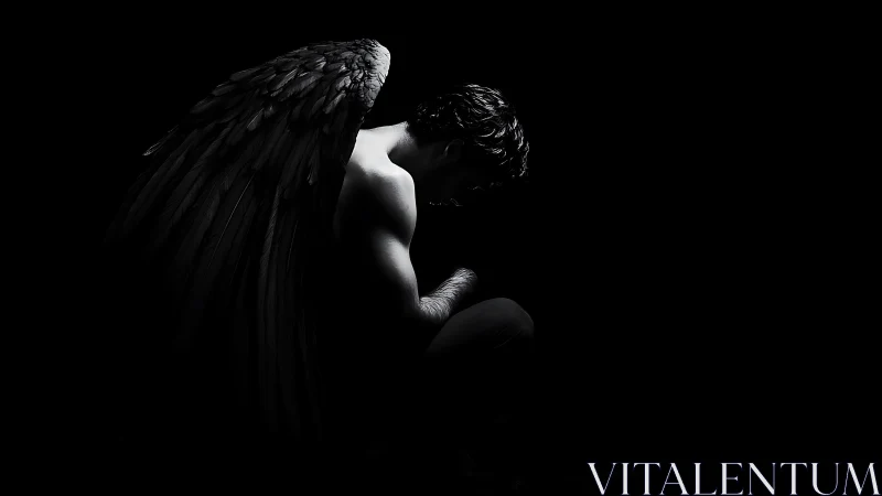 Fallen winged guardian curled in moonlit shadowed silence.