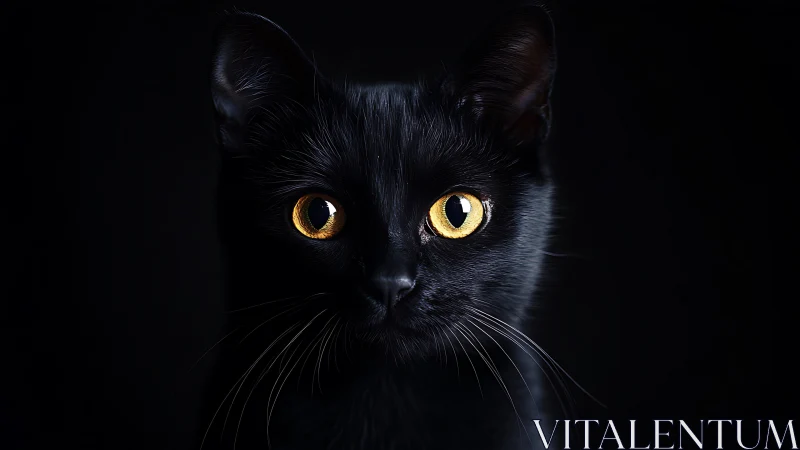 High-contrast portrait of black feline with golden-amber ocular highlights against achromatic backgr