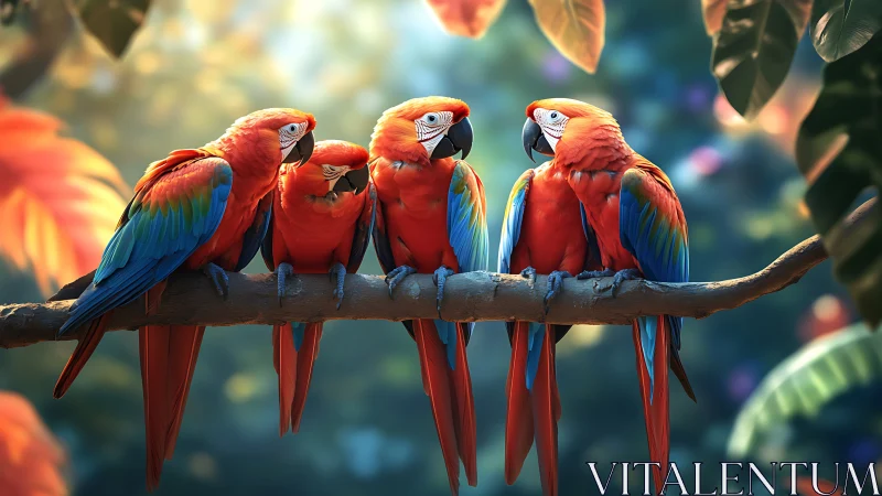 Four Colorful Parrots on Branch in Vibrant Tropical Setting.