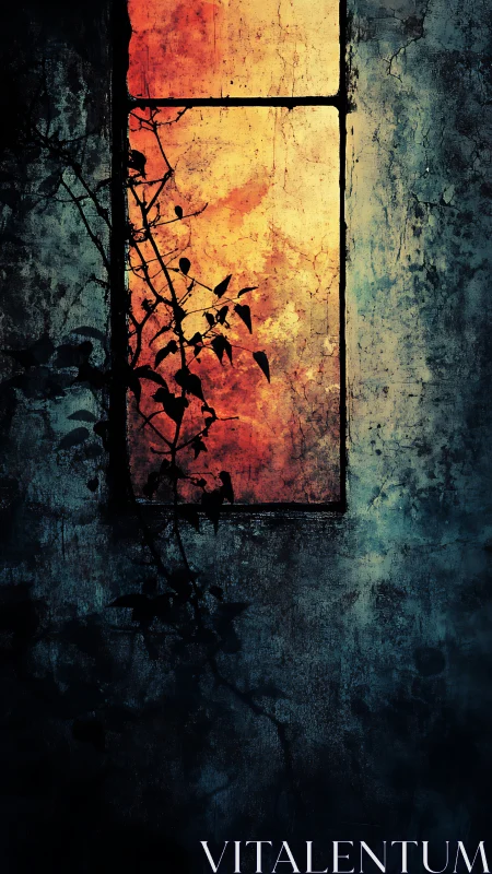 Cracked sunset window glows against a dark, decayed wall