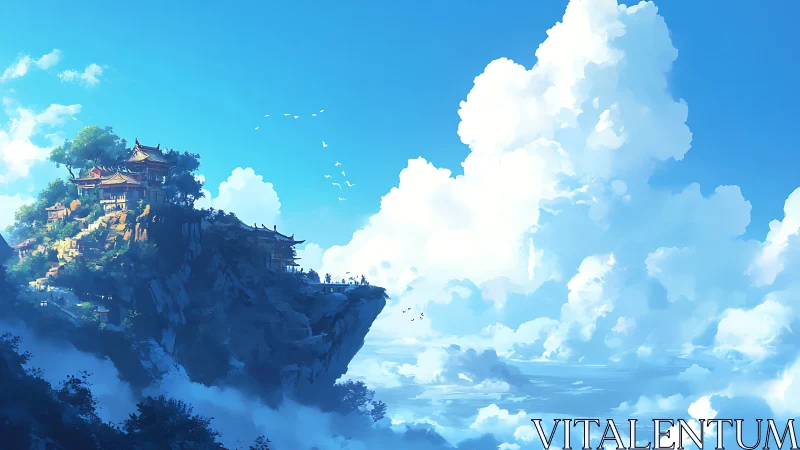 Clifftop temple complex framed by luminous cumulus sky.