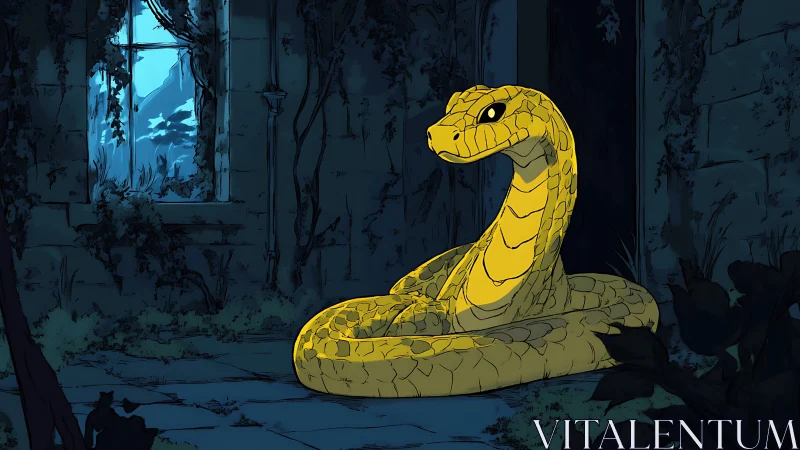 Luminous golden serpent coiled in moonlit ruined interior.