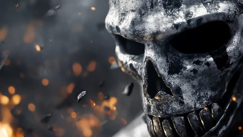 Burnished metallic skull rendered amid ember-filled shallow depth