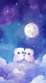 Kawaii pastel owls perched on cloud under luminous full moon