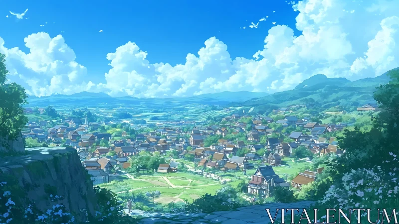 Sunlit hilltop gazes over a storybook village at noon