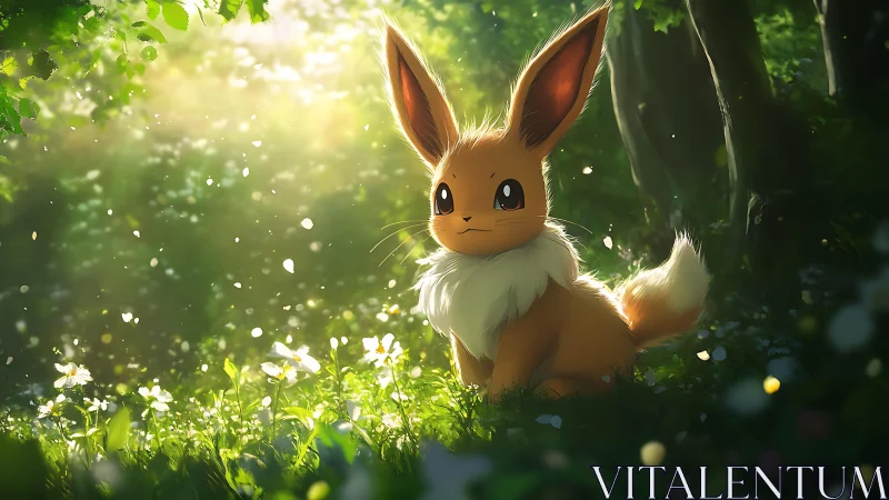 Furred creature in sunlit forest clearing with flowers.