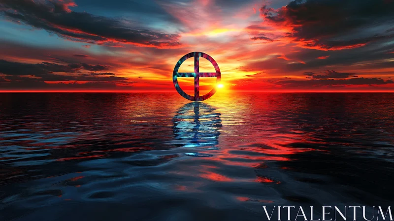 Chromatic circular symbol hovering over cinematic ocean sunset.
