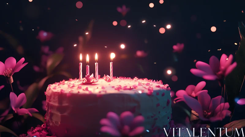 Luminous Birthday Cake with Bokeh Floral Environment.