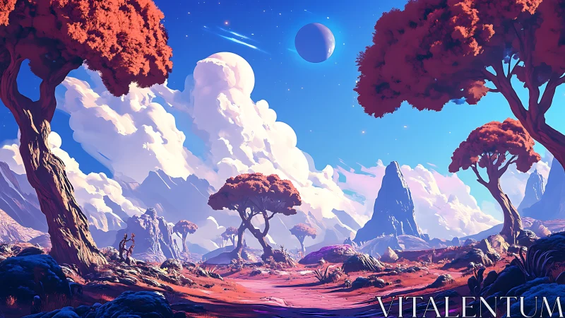 Crimson trees welcome explorers under a dreamy alien sky