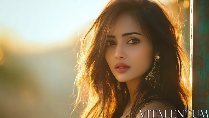 Woman in warm backlight with detailed earrings at sunset.