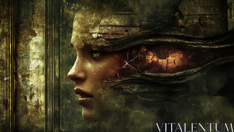 Mysterious cybernetic woman gazes from a fractured metal world