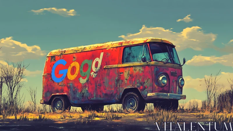 Weathered red van stands in dry field under clear sky