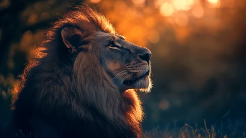 Majestic lion gazes into glowing sunset bokeh light