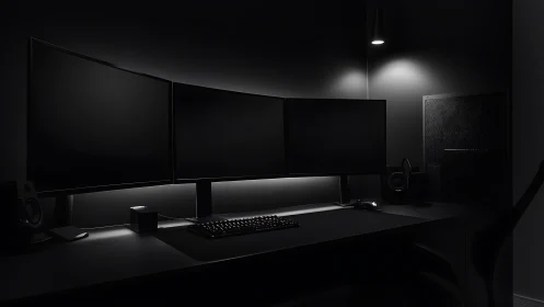 Triple-monitor battlestation in moody low-key lighting.