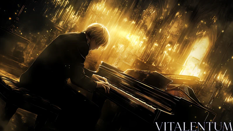 Golden-lit pianist bends over grand piano in cathedral interior