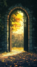 Autumn light through stone archway with open wrought-iron gate.