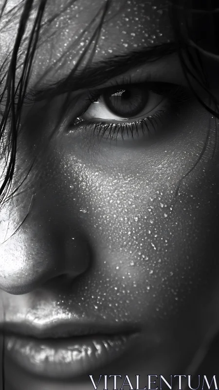 High contrast macro portrait of wet female face in grayscale