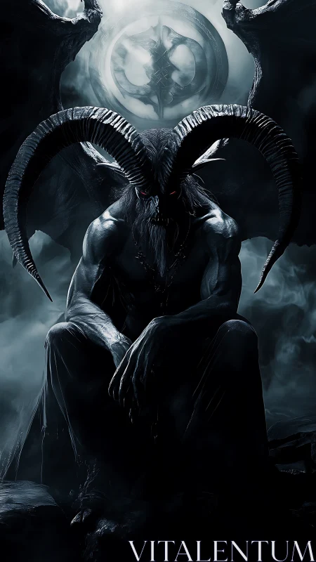 Brooding horned guardian rests within a storm of shadowed mist