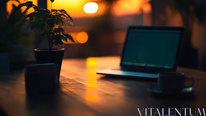 Laptop workspace with potted plant at sunset, shallow focus.