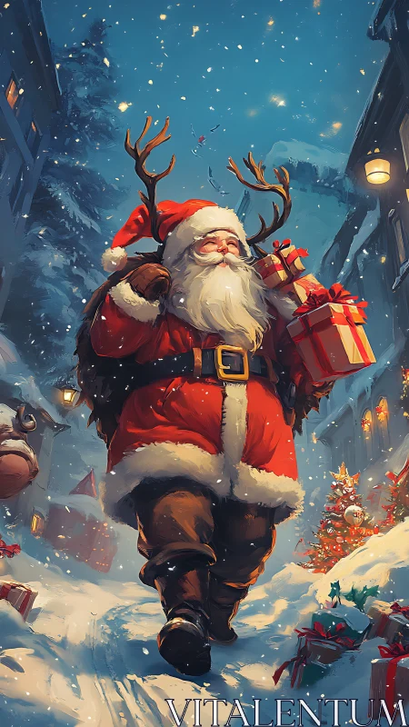 Santa strides through a snowy village street at magic dusk