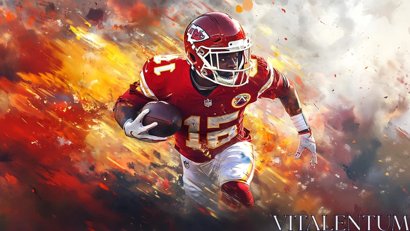 Football player in red uniform runs forward holding ball