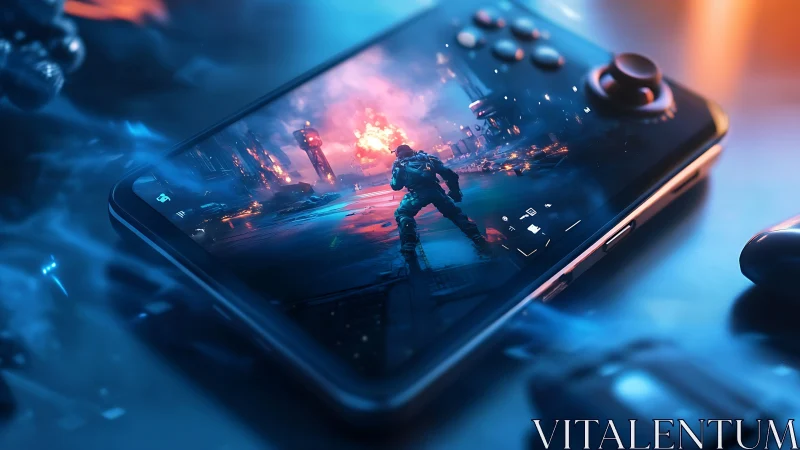 Handheld gaming console displays intense sci fi action scene