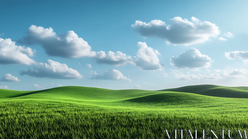 Photorealistic grassy hills undulate beneath soft cumulus clouds