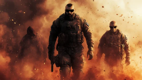 Heavily armed tactical squad in dense orange battlefield smoke.