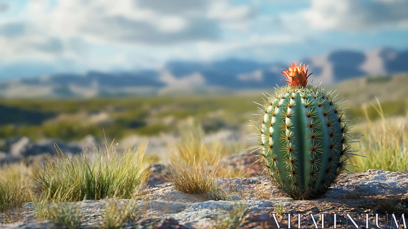 Round cactus blooms softly under vast desert skies