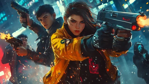 Cyberpunk street squad trades gunfire in neon rainstorm.