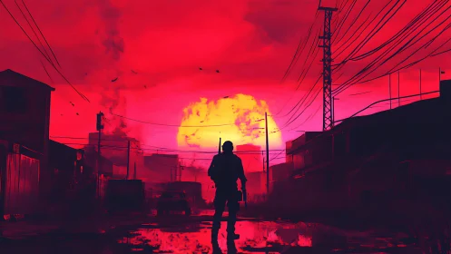 Wanderer in crimson twilight crossing a quiet ruined street.