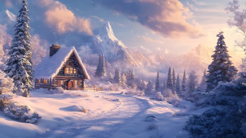 Snowy mountain cabin glows under a tranquil winter sunrise.
