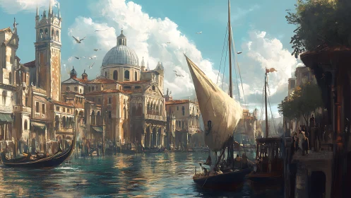 Venetian canal with domed basilica, boats and city crowds.