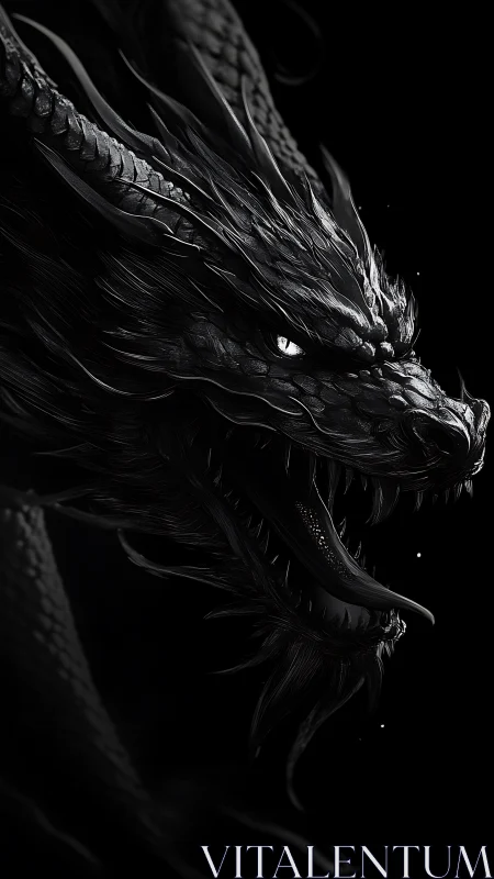 Monochrome side profile of detailed serpentine dragon head.