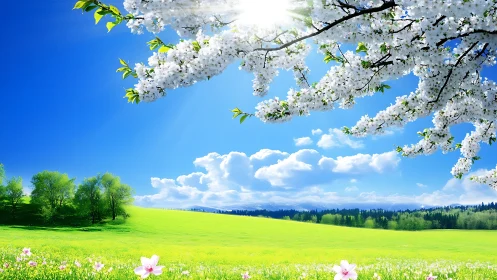 Radiant spring meadow under blooming cherry branches and sun