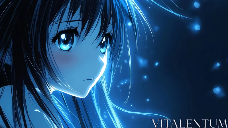 Soft blue glow surrounds a thoughtful anime girl at night