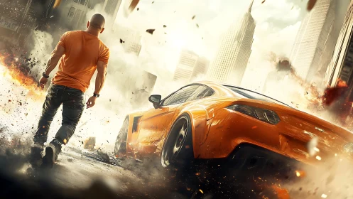 Man and orange sports car in explosive urban street scene.