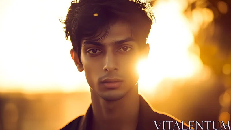 Sunlit portrait of young man in golden hour glow.