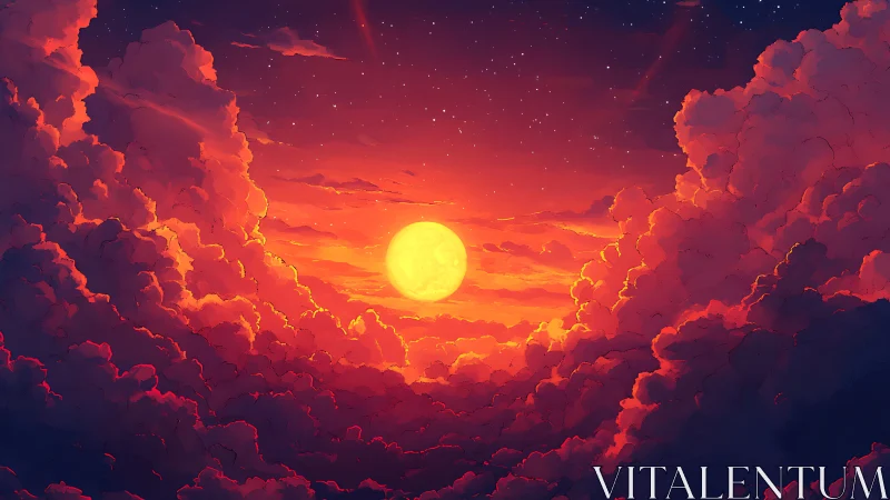 Sunset cradled by glowing clouds in a dreamy skyscape.