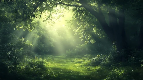 Sunlit forest clearing with lush greenery in dreamy light.