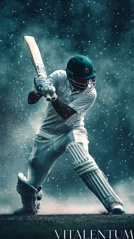 Dynamic cricket batsman in cinematic digital painting frame.