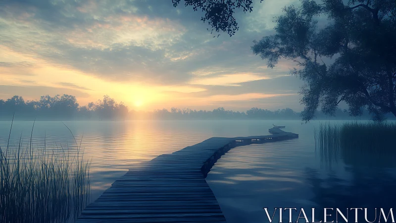 Wooden lake pier curves toward low sunrise over calm water