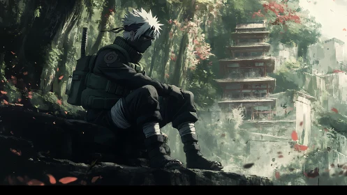 Anime warrior in contemplative pose within forest pagoda ruins.