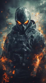 Flaming armored specter with blazing eyes in smoke storm.