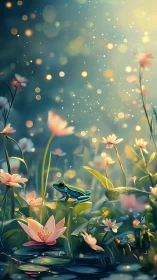 Bioluminescent pond with stylized tree frog and bokeh fireflies