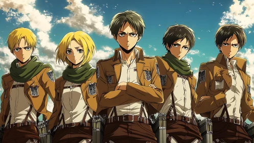 Anime squad portrait with tactical uniforms and sky backdrop.