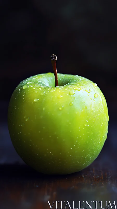 Single green apple with dewy surface in moody lighting.
