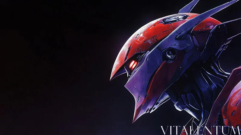 Crimson cybernetic raptor mech with glowing visor profile
