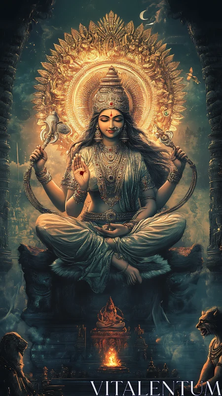 Digital painting of serene goddess amid ornate golden mandala.